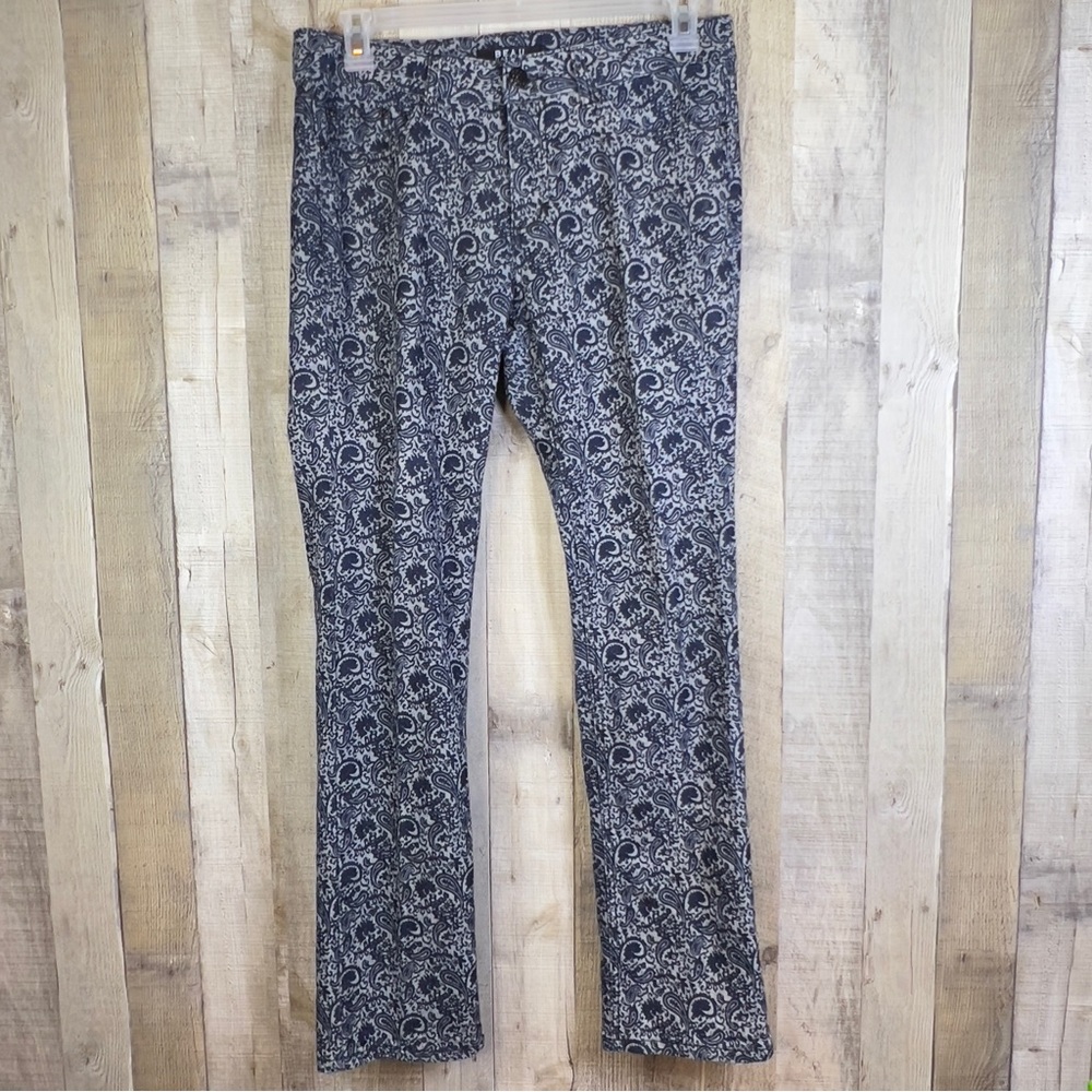 Beau Dawson Size 12 Navy Blue & Gray Denim Paisley Jeans 5 Pockets & Belt Loops